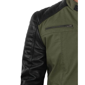Men's <b>Racer</b> <b>Jacket</b> Green Cotton Body with Genuine Black Lambskin Leather Sleeves Custom Double Front Zip Hooded Collar - Product Image 6