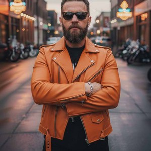 Veste en cuir pour moto à capuche à motif écossais pour homme, orange, décontractée, été - Product Image 4