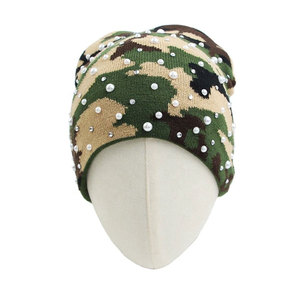 Camouflage Beanie Rhinestone Decoration Unisex Acrylic Breathable Waterproof Winter <b>Hat</b> Casual Travel Style Adult Size 56-58CM - Product Image 2