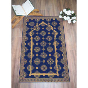 Navy Blue Prayer <b>Rug</b>: Gold Accent, Muslim Home Decor,Nonwoven <b>Thin</b> <b>Rug</b> - Product Image 4