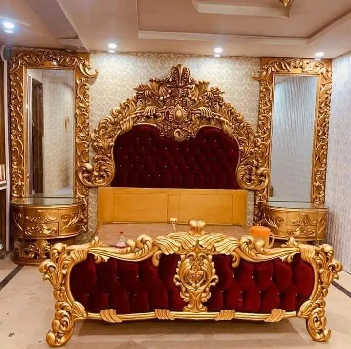 red and golden furniture design Italian Royal Baroque Style Hand Carved Gold Plated Red Bedroom Set