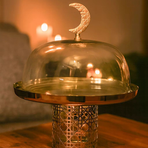 Islamic Metal Cake Stand With Glass Dome Designed For Stylish Dessert Presentation And Home Entertaining - Product Image 1