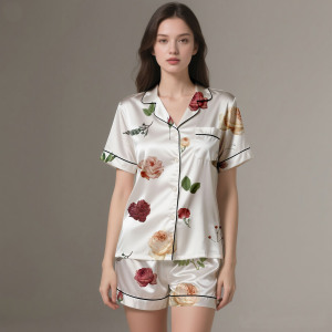 Pyjama en satin imprimé numérique respirant haut de gamme, léger, ensemble 2 pièces pour l'été/l'automne/le printemps - Product Image 2