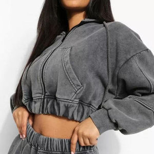 Conjunto de 2 piezas con efecto acid wash para mujer, informal, de manga larga, con cremallera, top corto y leggings de cintura alta a juego, chándal de fitness para otoño - Product Image 2