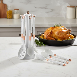 7-<b>PC</b> Nonstick Silicone Kitchen Utensil Set with White Dotted Handle BPA Free Heat Resistant Food Grade Easy Clean Hand Wash Only - Product Image 1