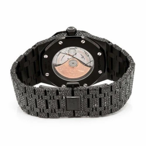 PJ Montre pour homme en moissanite boîtier glacé noir réglage complet du pavé de diamants pointeur monochromatique en acier inoxydable et or jaune - Product Image 5