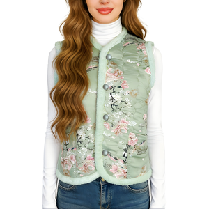 Women's Vintage Floral Quilted Vest Sleeveless Padded Jacket Button Front Outerwear for Autumn Winter