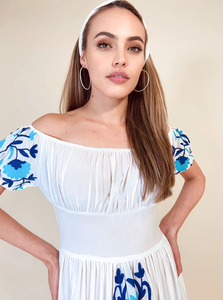 Robe longue brodée à manches courtes pour femmes, épaules dénudées, longueur cheville, nouvelle collection - Product Image 3