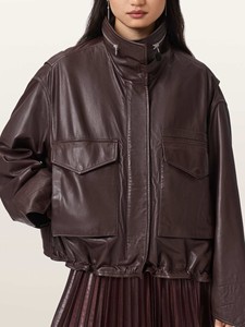 Chaqueta Utilitaria de Piel de Oveja Borgoña para Mujer, Chaqueta de Invierno Ecológica con Bolsillos Cargo Extra Grandes y Cuello Alto, Regalo - Product Image 2