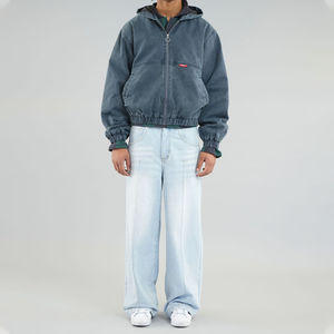 Sweat à capuche épais en coton 100% 500GSM, style streetwear, avec fermeture éclair, coupe courte, lavage au sable, couleur marine, OEM - Product Image 2