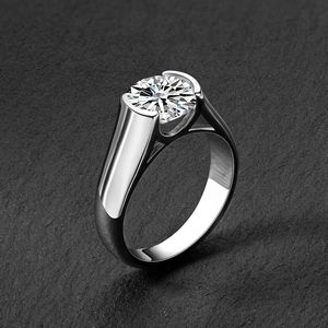 Moissanite Half Bezel Set <b>Ring</b> for <b>Women</b> Platinum Plated Silver VVS Moissanite Diamond Solitaire Engagement <b>Promise</b> Band - Product Image 3