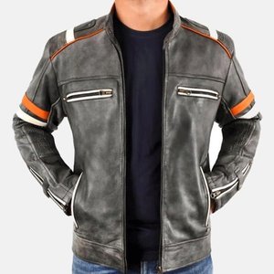 Chaqueta gris para montar en motocicleta de cuero genuino para hombre, chaqueta de moto de cuero con paneles blancos y rojos para carreras de pista blindada CE para hombre - Product Image 2