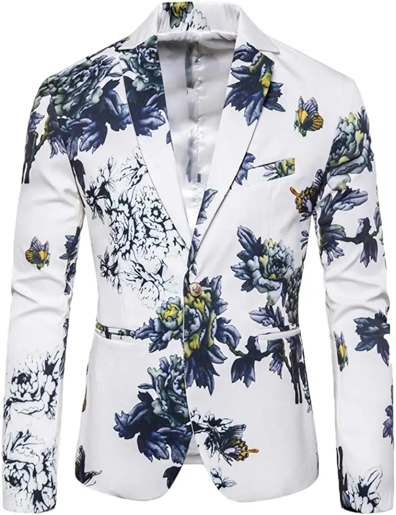 Men's Suit Jacket Floral Printed One Button Casual Blazer Sports Coat Slim Fit Lightweight Flap Pockets Lapel Suit Jacket