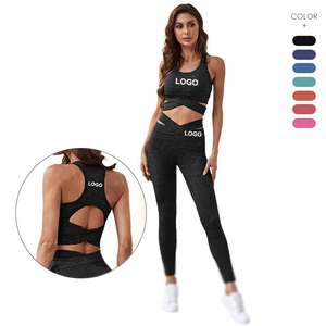 Ropa de Yoga de cintura alta con logotipo personalizado recién llegada conjuntos de fitness de gimnasio personalizados 2 piezas sujetador de mallas cruzadas conjunto de Yoga de mujer - Product Image 2