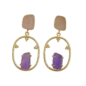 Boucles d'oreilles pendantes en laiton et calcédoine, faites à la main - Style tendance et classique pour femmes - Product Image 1