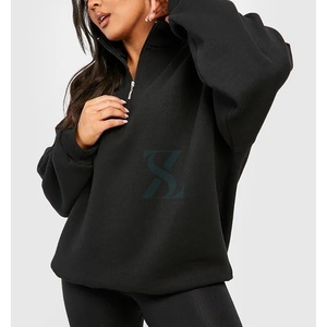 New Design Custom Logo Light Blue <b>Funnel</b> Neck Half-Zip Front & Fitted Cuffs And Hem Oversize Drop Shoulder Sweatshirt For Women - Product Image 4