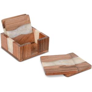 Sous-verres en bois et résine de qualité supérieure, en teck carré avec un motif en spirale de perles rouges, décoration élégante pour la maison et le bar - Product Image 2