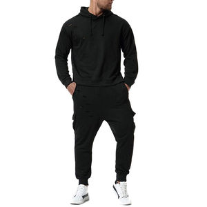 Ropa deportiva de invierno para hombre, gimnasio, entrenamiento físico, estampado desgastado, chándal de dos piezas de algodón 100%, traje para correr, servicio OEM - Product Image 1