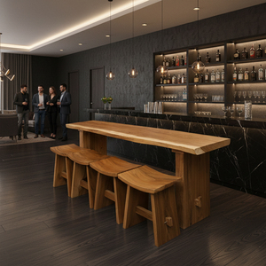 Juego de Mesa de Bar de Madera Maciza de Monkey Pod Ecológica y Moderna de Alta Calidad, Sillas Curvas con Asientos de Madera y Patas Naturales para Cocina o Bar - Product Image 3