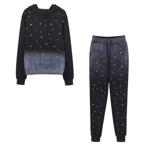 Ensemble de survêtement deux pièces pour homme, hiver, uni, épais, à capuche, imprimé, avec strass et pantalon de survêtement - Product Image 1