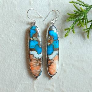 Kingman Oyster Copper Turquoise Gemstone <b>Earrings</b> in 925 Sterling <b>Silver</b> <b>Long</b> Oval Design Gift for Her Handmade Jewelry - Product Image 1