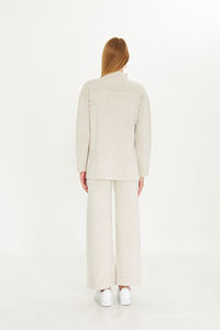 ชุดเสื้อสเวตเตอร์และกางเกง2ชิ้นสำหรับผู้หญิงชุดเสื้อถักแขนยาวเอวยางยืดชุดเสื้อถักขากว้างมีสไตล์ - Product Image 5