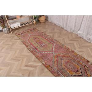 2.7x12.7 ft Rug, Turkish Herki Rug, Vintage <b>Red</b> <b>Wool</b> Check Rug - Product Image 4