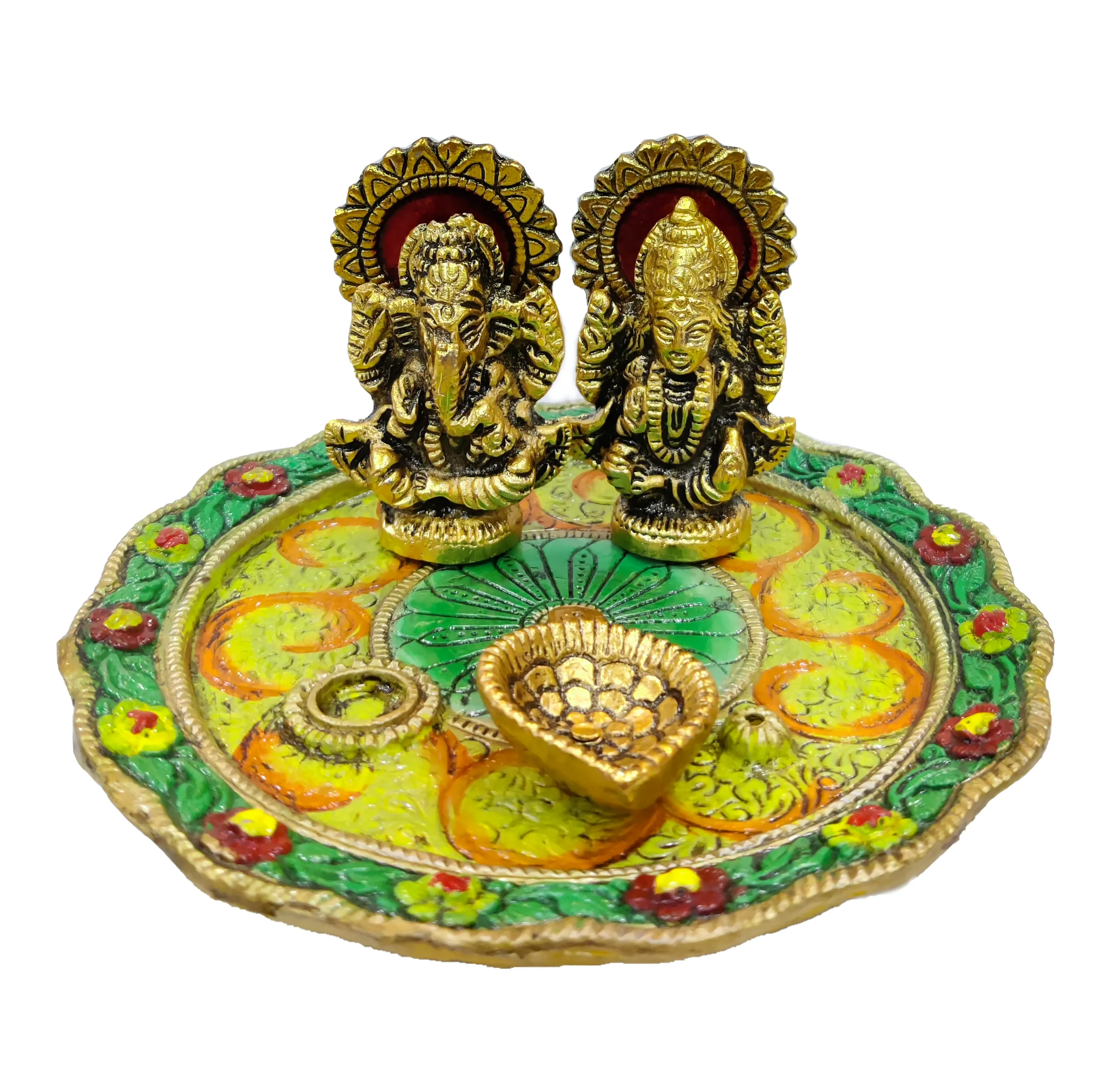 Aluminium Gouden Kleur Vergulde Laxmi Ganesha Idool Met Schaal Plaat Voor Puja Diwali Geschenk Items Deepawali Puja Standbeeld Puja Thali