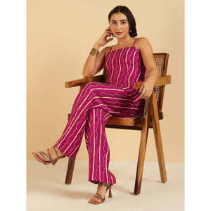 Bohemian Magenta Bandhani Printed Sleeveless Breathable Top & Sharara Fusion Co-Ord <b>Set</b> for Women Spring/Summer - Product Image 1