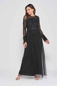 Robe noire pour la fête et le cocktail o cou et les manches pleines pleine longueur paillettes perlées et la robe brodée - Product Image 3