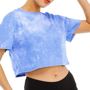 Vente chaude en gros bleu et blanc tye dye chemise mode femmes cravate teinture haut court t-shirt personnalisé femmes ample haut court - Product Image 2