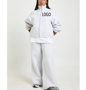 Conjunto de 2 Piezas de Chándal Holgado con Logotipo Bordado en Chenilla Personalizado, Diseño Minimalista, Sudadera con Cremallera y Pantalones Anchos de Algodón para Mujer - Product Image 4