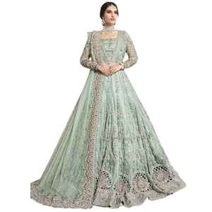 Robe de mariée élégante de style indien moderne longueur au sol dentelle de broderie complexe violette avec perles de dos d'illusion pour - Product Image 1