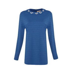 Blusa de Punto a Rayas con Cuello Bordado para Mujer, Ropa de Oficina - Product Image 1