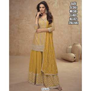 Costume Sharara Plazo avec dupatta à franges, col rond, manches trois quarts, longue robe ethnique Anarkali, costume de mariage Punjabi brodé - Product Image 1