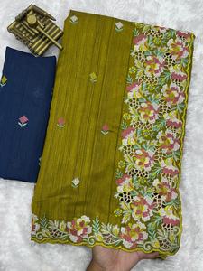 Sari en soie slub lourd pour mariage avec broderie au fil et travail de découpe, vêtements pour femmes indiennes en stock - Product Image 3