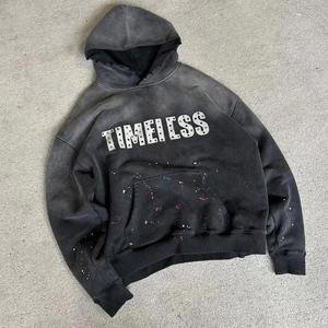 Sudadera con capucha Boxy Fit para hombre 400GSM hecha a medida con diamantes de imitación y lavado ácido desgastado Sudadera con capucha personalizada con diamantes de imitación - Product Image 1