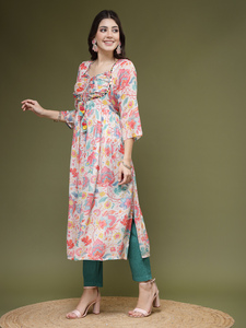 งานปักจิ๋วคุณภาพดีเยี่ยมงานกระจกพิมพ์ลายดอกไม้ Anarkali Kurti สําหรับผู้หญิงจากผู้ผลิตชาวอินเดียในราคาที่ดีที่สุดจํานวนมาก - Product Image 6