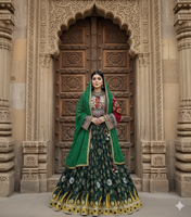Robe de mariée traditionnelle afghane en velours avec broderies à la main et travail de miroir, et ensemble dupatta vert décontracté