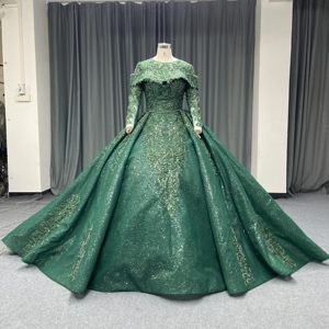Robe de soirée longue ANY267, à sequins, à manches longues, motif en dentelle verte, pour soirée de gala - Product Image 1