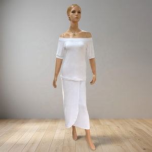Robe midi blanche à épaules dénudées, manches mi-longues, coupe ample, décontractée, en coton tissé, couleur unie, ourlet asymétrique, taille naturelle - Product Image 2