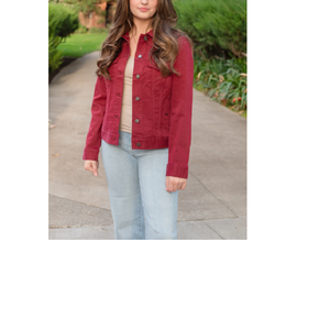 Women's Red Long Sleeve Casual Outdoor Jacket with <b>Button</b> up Design Chest Pockets Light Blue Denim Jeans Plain Dyed Technique - Product Image 4