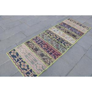 Alfombra Vintage de 2.6x7.3 pies, Alfombra Turca, Alfombra de Lana Azul Ombré - Product Image 3