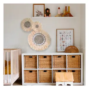 Vintage dokuma Seagrass Rattan palmiye duvar sanatı Set Boho sepet dekorasyon askı duvar plaka dekor el işi Vietnam