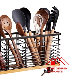 Porta Utensilios de Alambre de Hierro Blanco y Verde Azulado con Base de Madera, Diseño Premium, Accesorios de Cocina Más Vendidos - Product Image 4