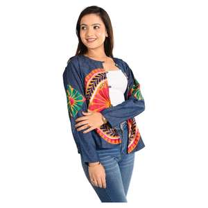 Autumn Spring Boho Women's Handmade Denim Jacket Indian Style Cotton Short <b>Coat</b> Embroidery Breathable Casual Party Wear Winter - Product Image 3