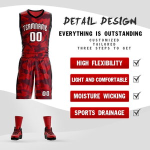 Conjunto de Uniforme de Baloncesto Personalizado con Estampado de Camuflaje Rojo para Hombre, Jersey Sublimado y Pantalones Cortos, Ropa Deportiva de Dos Piezas con Logotipo, Absorbe la Humedad - Product Image 3