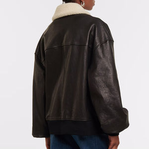 Chaqueta de Cuero con Cuello de Piel de Oveja Marrón Oscuro Genuina para Mujer, Diseño Personalizado Duradero con Cremallera, Invierno 2026 - Product Image 4