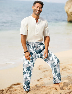 Nouveau design Pantalon décontracté pour homme en lin/coton épais, séchage rapide, style mode urbaine et outdoor, avec cordon de serrage à la taille - Product Image 2