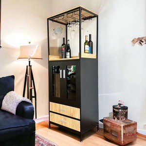 ตู้บาร์ไม้สำหรับเก็บไวน์พร้อมโครงเหล็กและที่วางแก้ว - Product Image 2